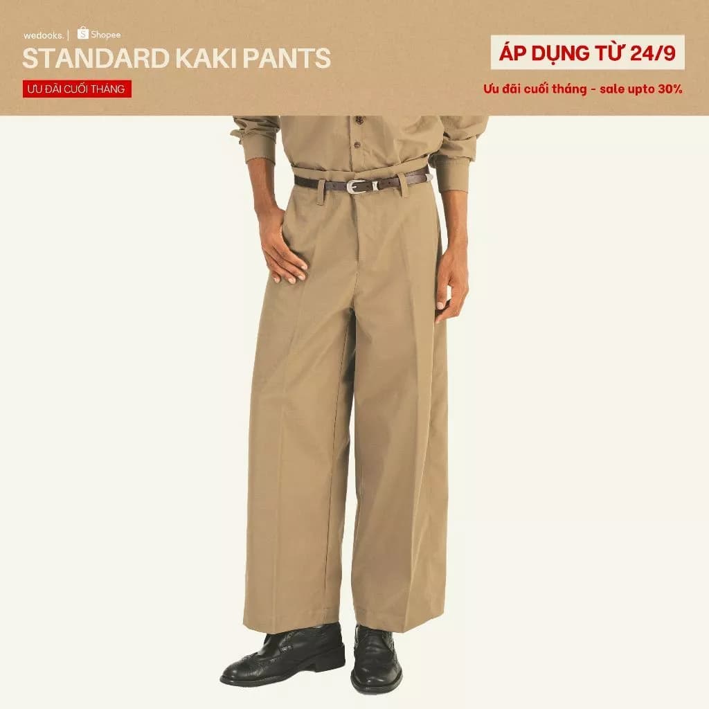 QUẦN KAKI ỐNG RỘNG, THIẾT KẾ LỆCH BIÊN, CẠP LIỀN - 𝐒𝐓𝐀𝐍𝐃𝐀𝐑𝐃 𝐖𝐈𝐃𝐄𝐋𝐄𝐆 𝐊𝐀𝐊𝐈 𝐏𝐀𝐍𝐓𝐒
