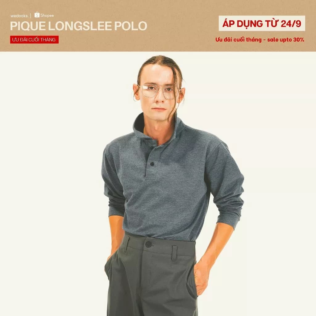 ÁO POLO THUN COTTON CÁ SẤU, TAY DÀI, FORM RỘNG THOẢI MÁI - 𝐏𝐈𝐐𝐔𝐄 𝐂𝐎𝐓𝐓𝐎𝐍 𝐋𝐎𝐍𝐆𝐒𝐋𝐄𝐄𝐕𝐄 𝐏𝐎𝐋𝐎