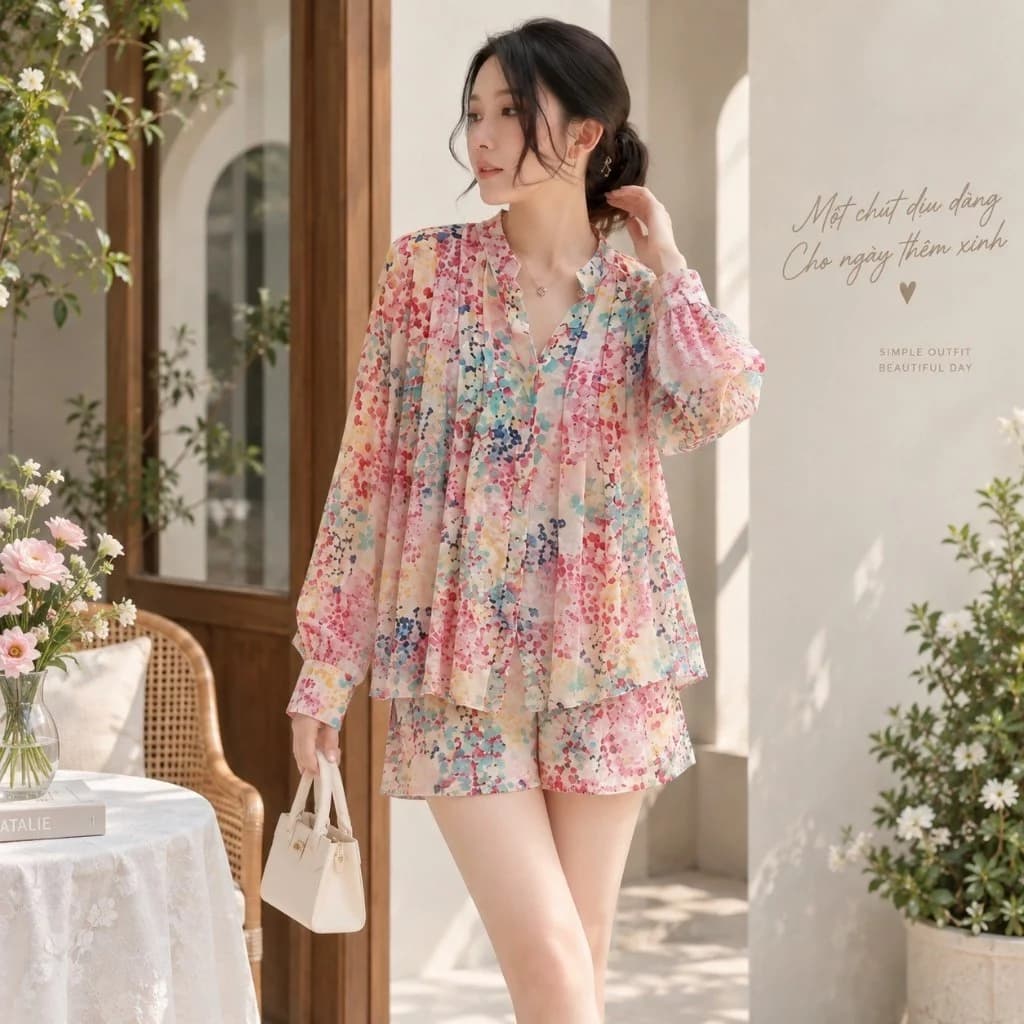 Set bộ dài tay đi biển L9, đi du lịch, chất liệu voan tơ thoáng mát, trẻ trung freesize 40-62kg