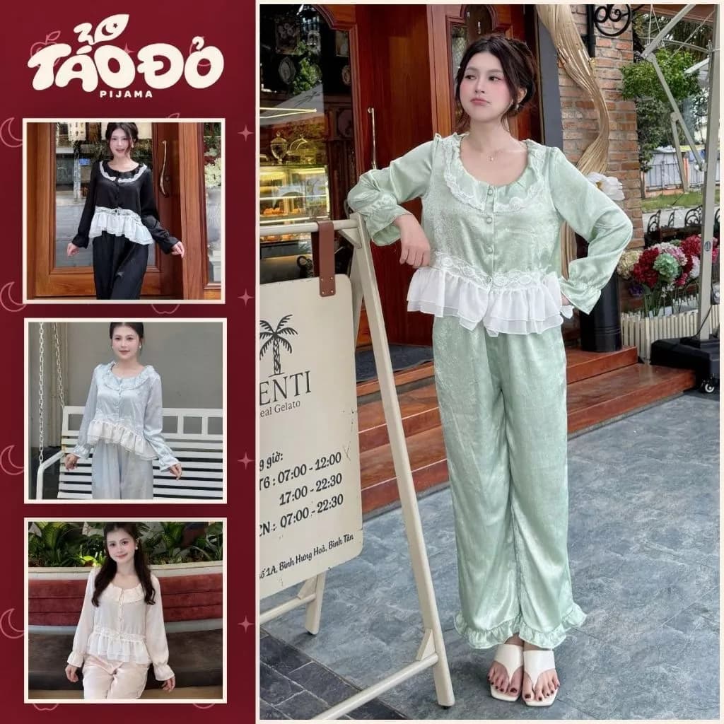 BỘ ĐỒ NGỦ PIJAMA NỮ HHD09 CHẤT LIỆU LỤA GÃY PHỐI REN NHẸ BỘ ĐỒ NGỦ DÀI PHỐI REN NHẸ NÀNG THƠ MẶC Ở NHÀ