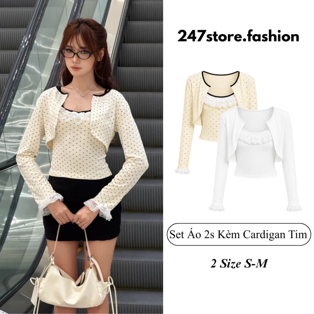 Set 2 Món Áo 2s Dây Kèm Cardigan Tim Nữ Phối Ren, Set Áo Nữ 2 Món Mỏng Mềm Co Dãn 4 Chiều SetA63 247store