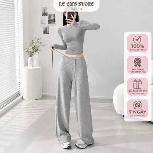 Bộ nỉ áo dài tay phối quần suông chất LEN THỎ siêu mềm mịn, bộ đồ nữ basic thu đông
