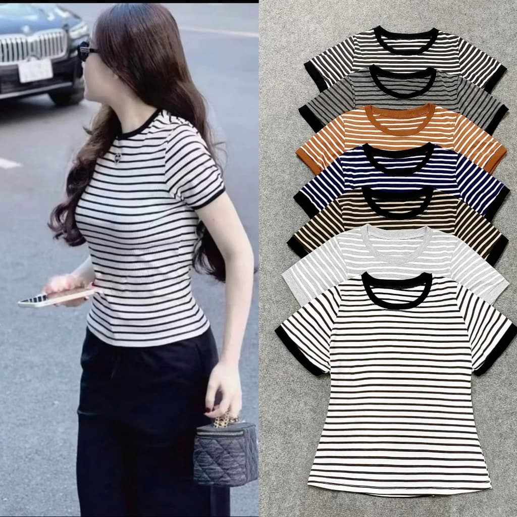 Áo thun Baby Tee Bigsize nữ kẻ sọc viền tay co giãn mềm mại hottrend dễ phối đồ cho nàng  chubby từ 50 - 90kg - A285