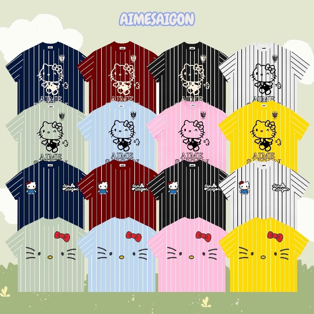 [ASD02 Ver2] Áo Thun Boxy AIMÉ Cotton 250gsm Cổ Tròn Nam Nữ " FULL SỌC HELLO KITTY " Áo Phông Form Rộng Unisex