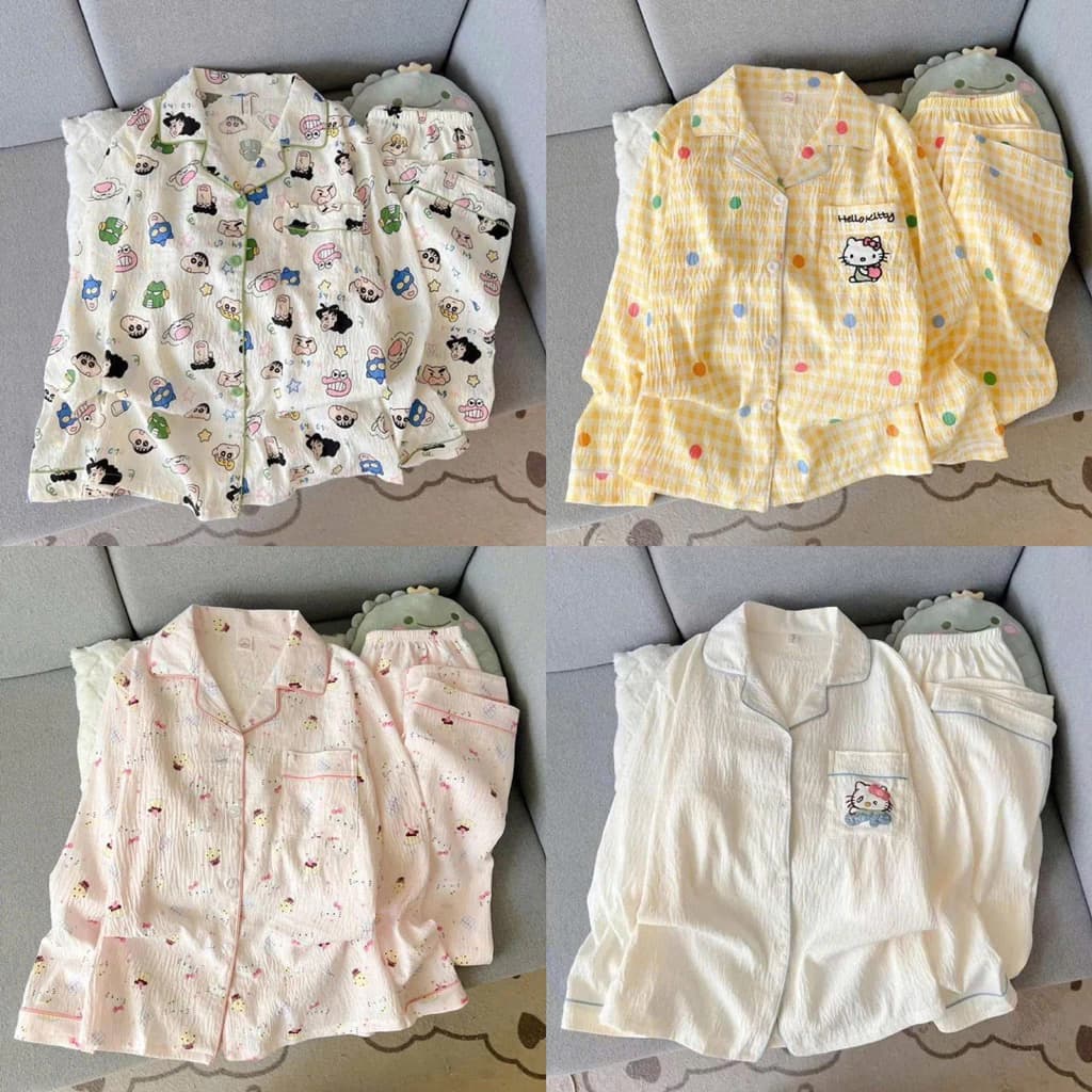 [ Mở Bán ] Bộ Pyjama 2 món Dài Tay Mùa Thu Chất Liệu Đũi Mây Thấm Hút Mồ Hôi , Đồ Bộ Mặc Ở Nhà Hoạ Tiết Siêu Dễ Thương