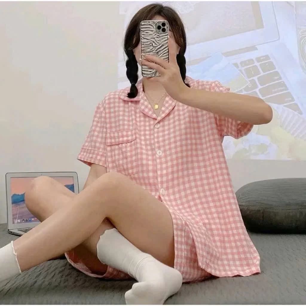 Bộ pijama nữ caro đùi viền  - đồ ngủ pijama đơn giản cộc dài,sang chảnh.