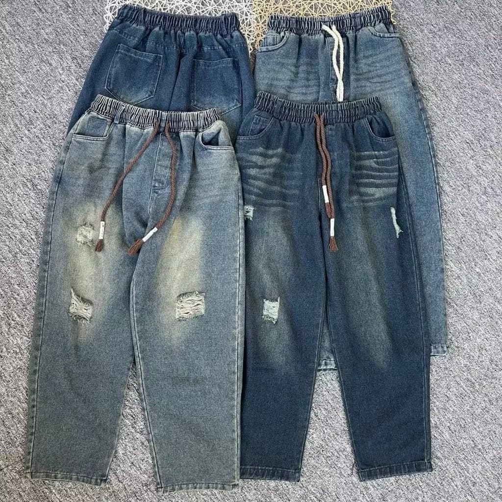 Quần Jeans Baggy Vải Jeans Mềm Cạp Chun Lưng Cao Co Dãn Thoải Mái Cho Nữ