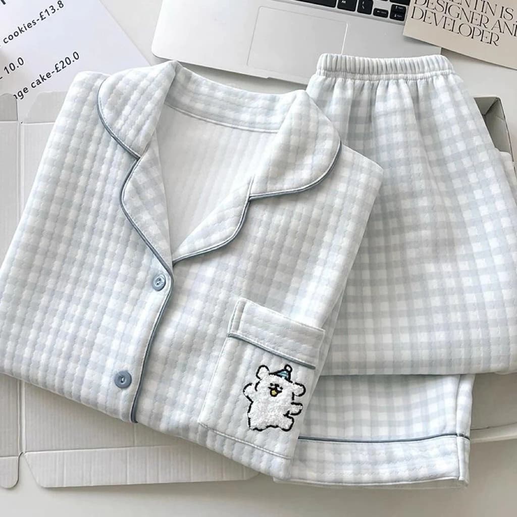 Bộ Pijama trần bông mỏng Nữ Dài Tay Cotton Họa Tiết Gấu Dễ Thương, Đồ Ngủ Nữ  Rộng Mềm Mại Mặc Nhà quảng châu cao cấp