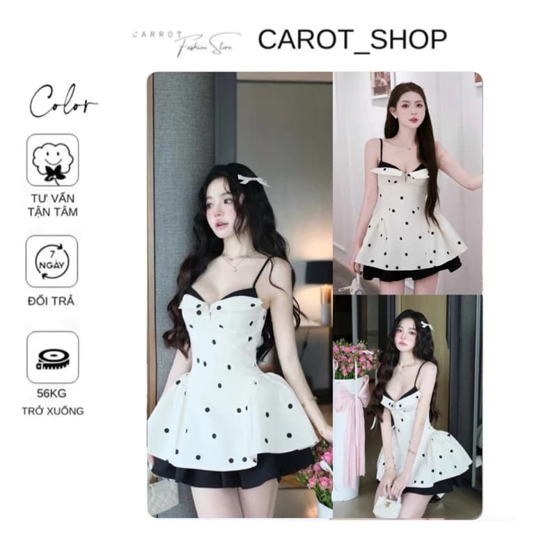 VHT20 ( CÓ 𝐁𝐈𝐆𝐒𝐙𝐄 ) Váy 2 dây chấm bi dáng xoè "CHIẾC LÁ VIỀN ĐEN TRẮNG " 𝐅𝐑𝐎𝐌 𝐍𝐆𝐀̆́𝐍 + 𝐊𝐄̀𝐌 𝐐𝐔𝐀̂̀𝐍 by CarotShop