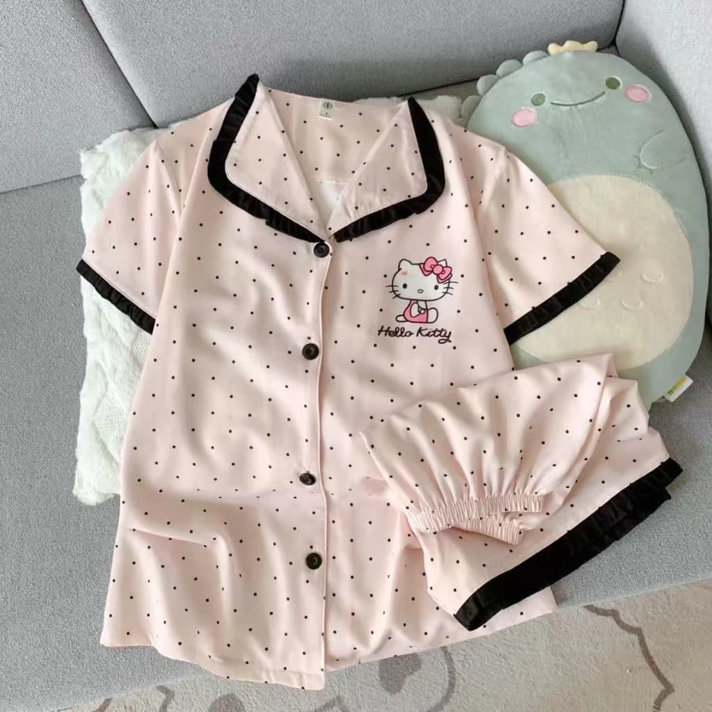 2025 Polka ren mới Dot Ice Silk Pyjama cho phụ nữ có tay áo mùa hè dễ thương Hellokitty Home