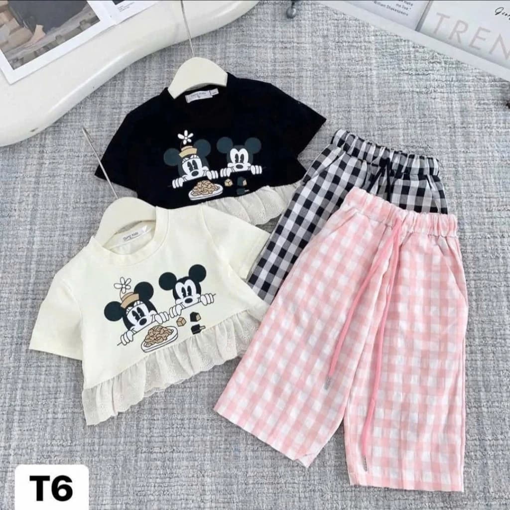 Sét Bộ Quần Dài Áo Thun Bé Gái Phối Ren In Hình MICKEY Dễ Thương Size 9-35kg Chất Liệu Cotton Su Co Dãn 4 Chiều