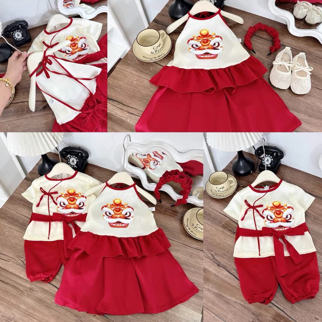 set đồ trung thu cho bé trai bé gái 3 món hoạ tiết đầu lân đặc sắc, yếm cho bé gái chơi trung thu