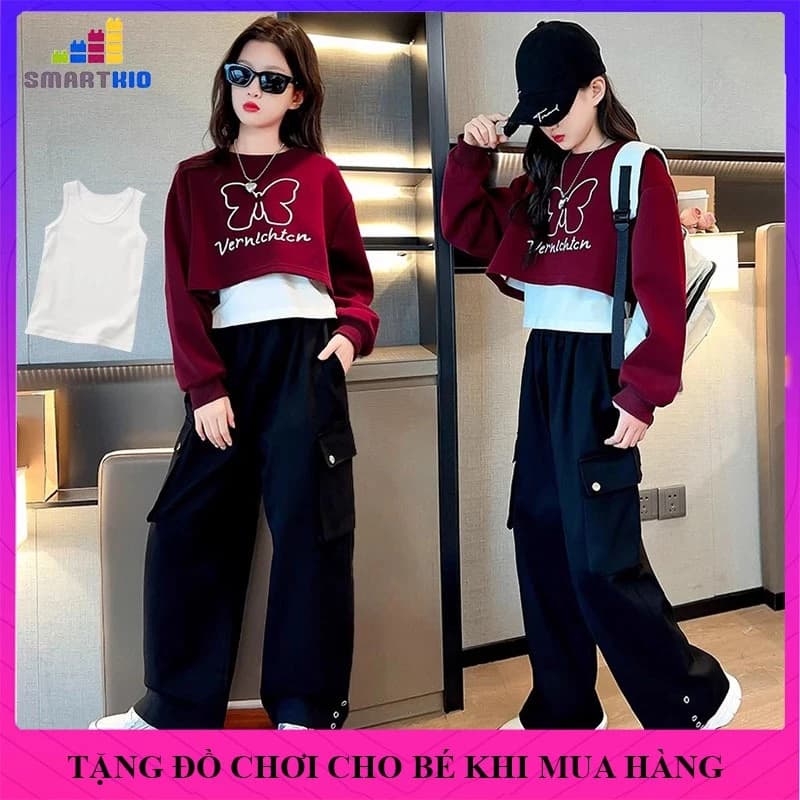 (18-52kg) Set 3 món quần áo mùa thu đông bé gái, đồ bộ bé gái mẫu VER chất liệu nỉ. Bộ đồ dài tay cho bé gái