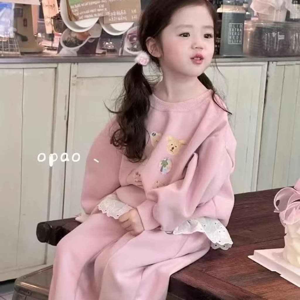 bộ nỉ 2 da nhiều hình quần ren váy xinh xắn cho bé