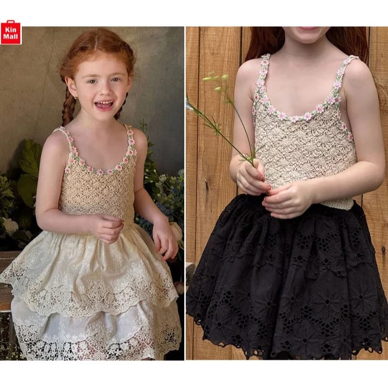 New 2025 (10-28kg) - Set Áo Len Lưới 2 Dây Phối Chân Váy Ren 2 Tầng Xinh Xắn Dễ Thương cho Bé Gái - Chính Hãng Chengle