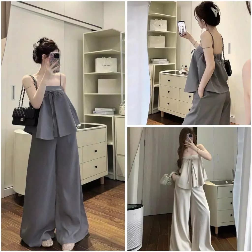 Sét bộ áo dây tùng babydoll nơ dây phối quần ống rộng trẻ trung hack dáng_SBNT_793