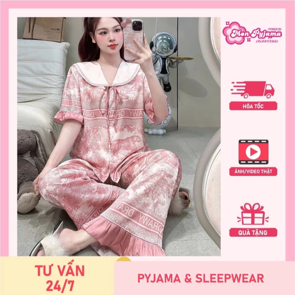 Đồ ngủ lụa lạnh cao cấp,đồ bộ nữ đồ mặc nhà,đồ ngủ dễ thương tiểu thư,pijama mát họa tiết cute [19]