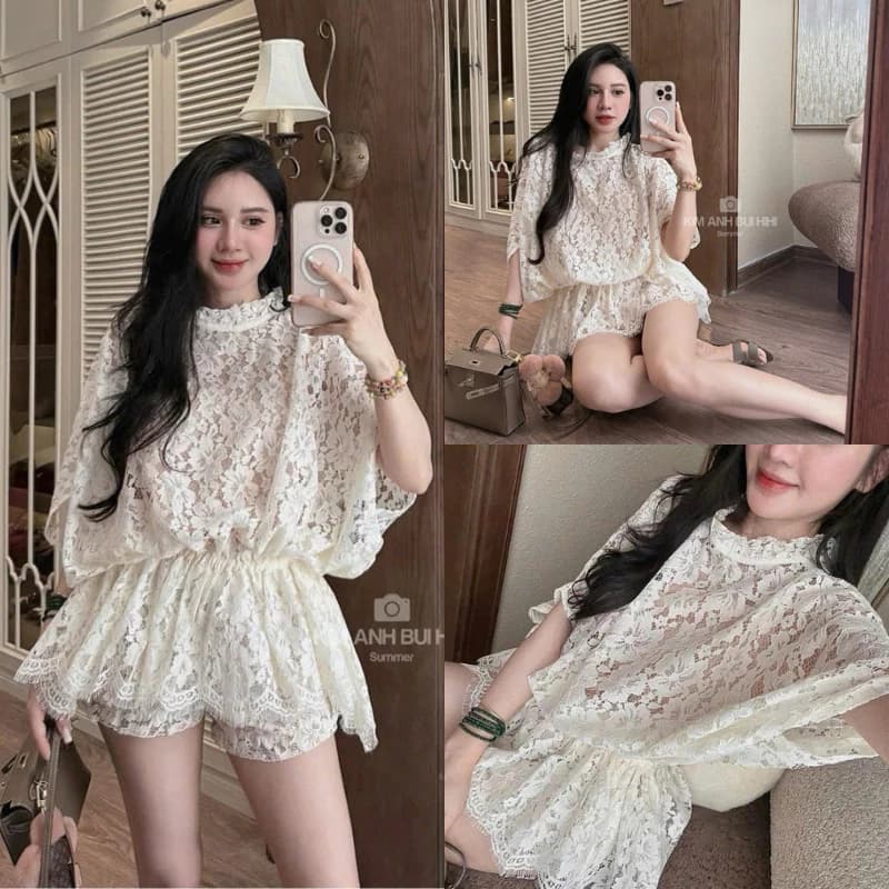 [Tặng Áo Dây] Set Áo Ren Tay Dơi Chun Eo Dáng Xòe Phối Quần Đùi Sang Chảnh Siêu Xinh MS103