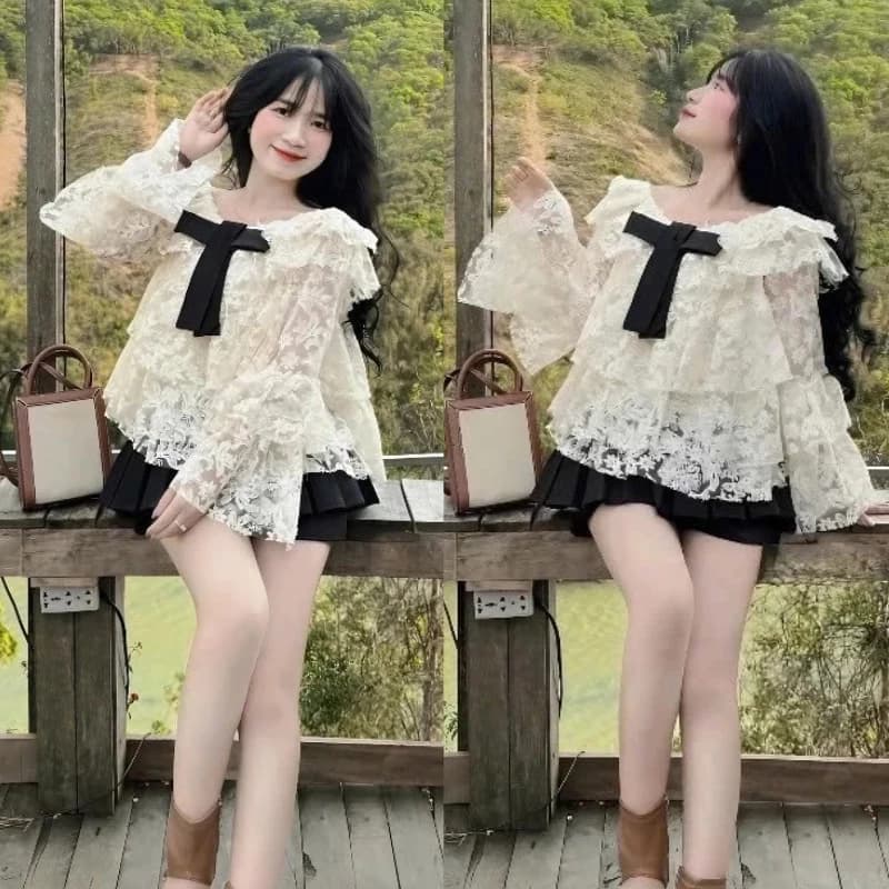 Set Áo Trễ Vai Tay Bồng Phối Ren Nơ Ngực Hở Vai Kèm Chân Váy Xòe Tầng Tiểu Thư Siêu Xinh MS104