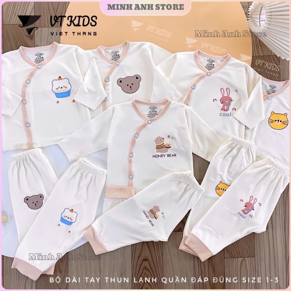 [Combo 3-5] Bộ quần áo dài tay VT cúc chéo màu kem quần đáp đũng vải thun lạnh cho bé từ 3-9kg DLK02