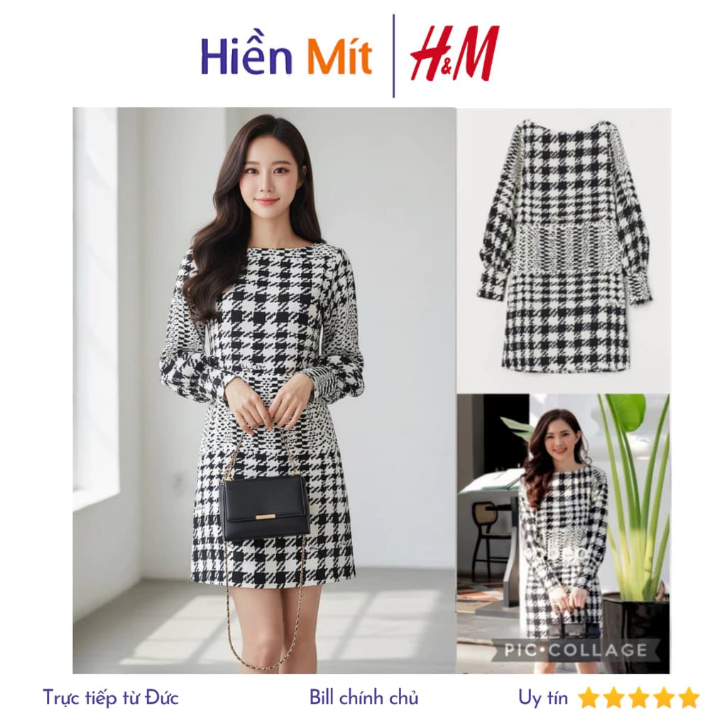 (Size 32) H&M Đức - Đầm suông cổ thuyền tay dài houndstooth sọc caro đen trắng sale auth new tag sẵn 0785825002 HM