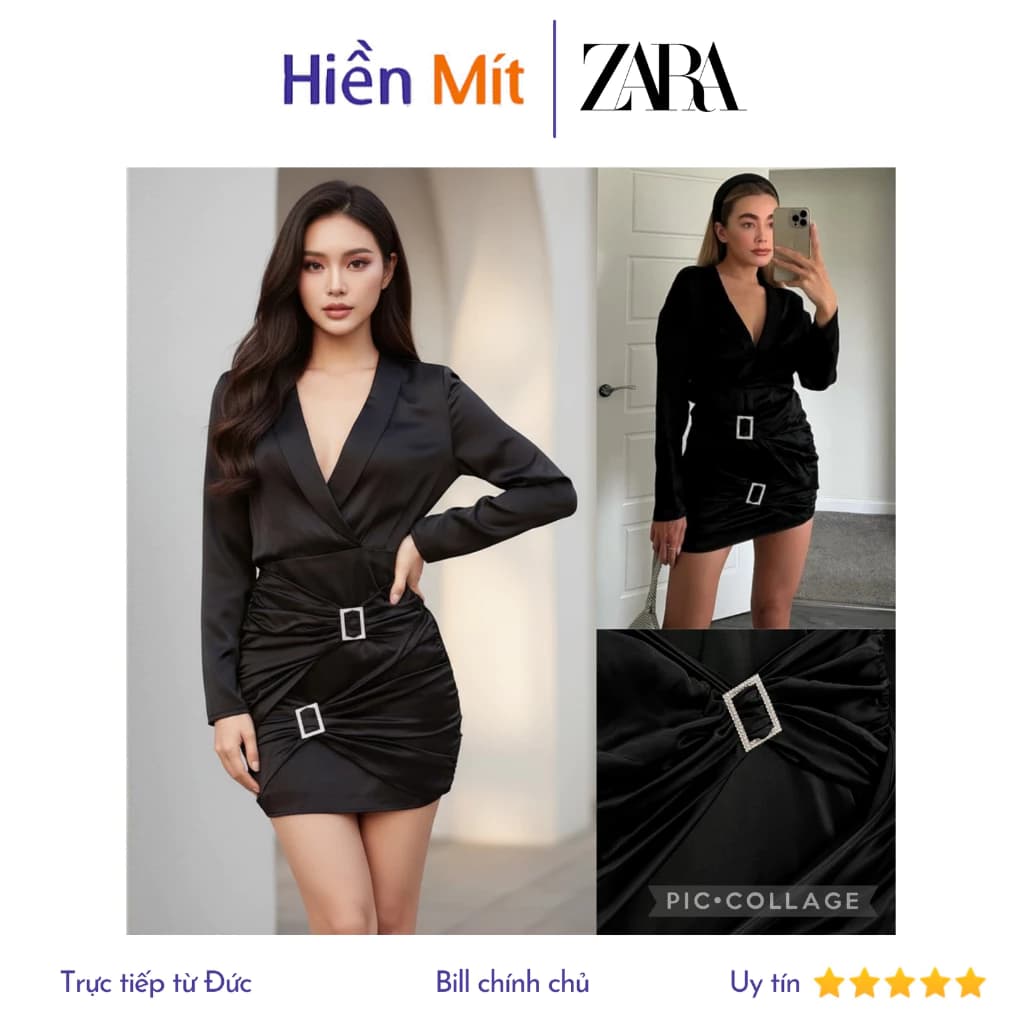 (trầy nhẹ) ZARA Đức - Đầm chính hãng auth new tag cao cấp có sẵn sale váy satin đen nút trang sức bạc đính đá lụa 3