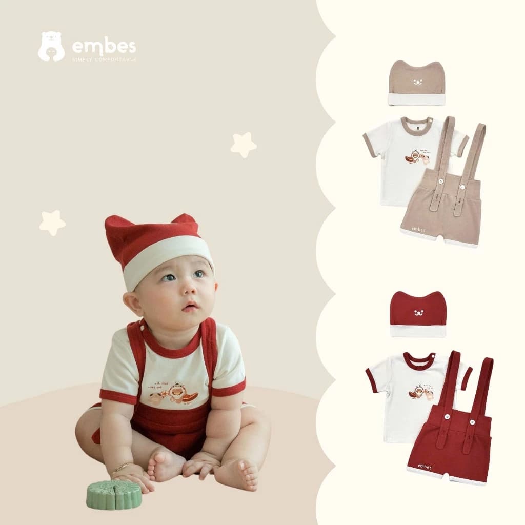 Bộ Yếm Sơ Sinh Embes, Bộ Cộc Tay Phối Quần Yếm In Họa Tiết Hình In Dễ Thương Cho Bé Từ 0-9 Tháng