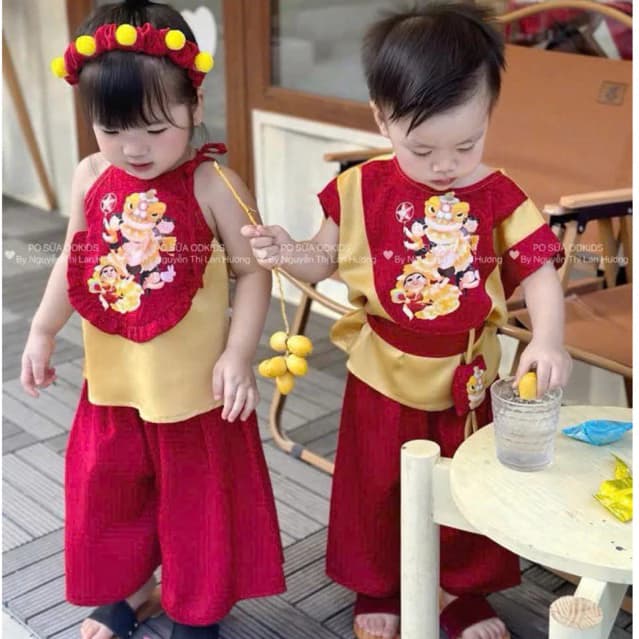 Bộ yếm trung thu cho bé trai bé gái đỏ vàng Tuki sz 8-30kg chất lụa mềm, set yếm trung thu cho bé gái