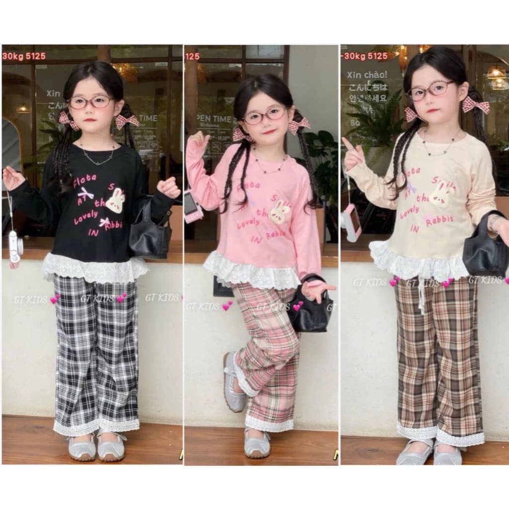 Sét Bộ Quần Áo Dài Tay Thu Đông Phối Ren In Hình Thỏ Dễ Thương Dành Cho Bé Gái 9-35kg Chất Liệu Cotton Su 4 Chiều