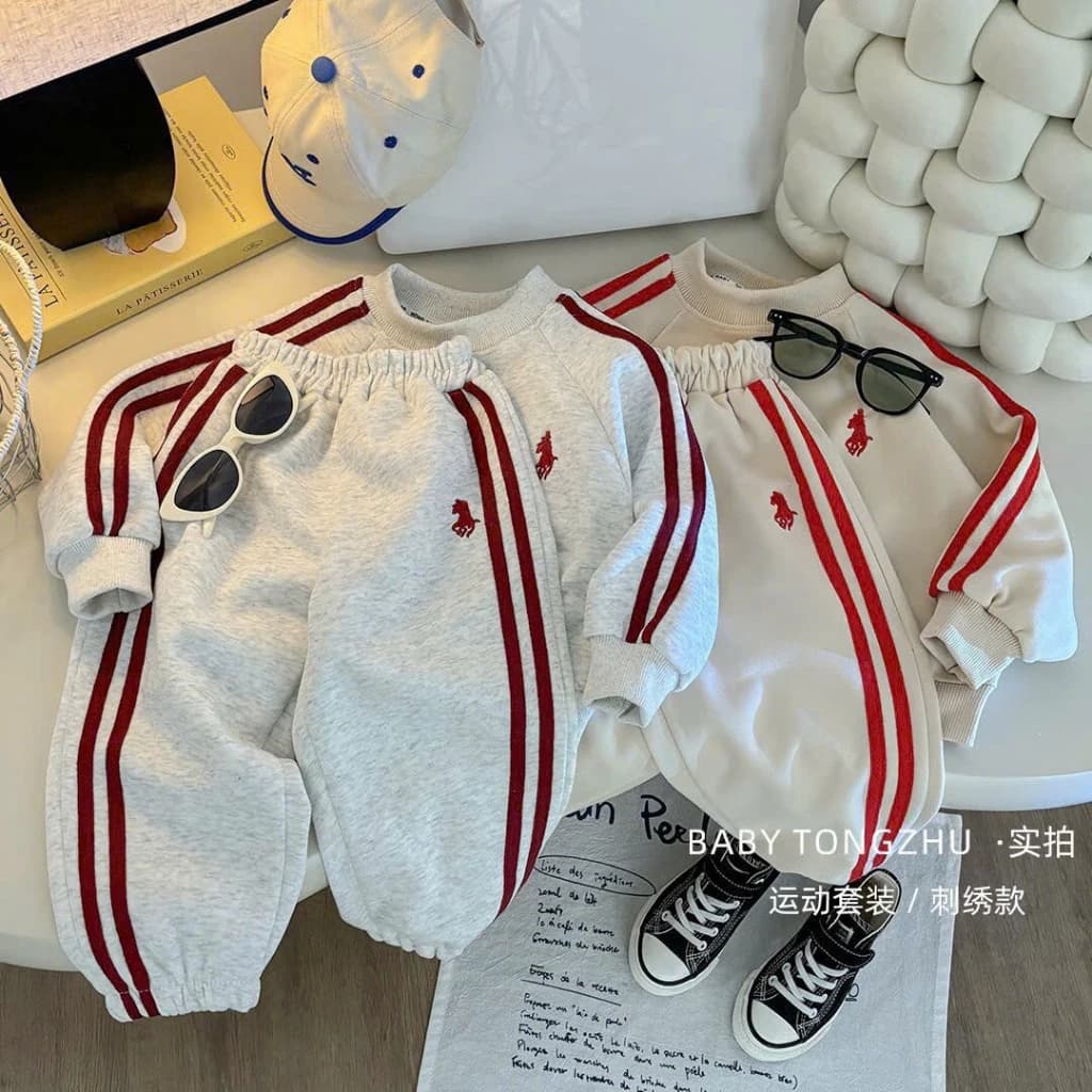 SET BỘ NỈ TÀU Thể Thao Thu Đông Dành Cho Bé Trai , Gái Chạy Viền Sọc Thêu Ngựa  Size 10-40kg , Lót Bông Ấm Áp (XMĐ 1)