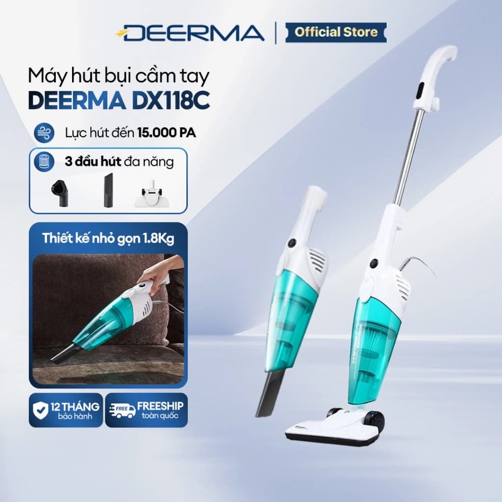 Máy hút bụi cầm tay Deerma DX118C lực hút 15000pa, công suất 600W với bộ lọc bụi mịn HEPA - Bảo hành 12 tháng