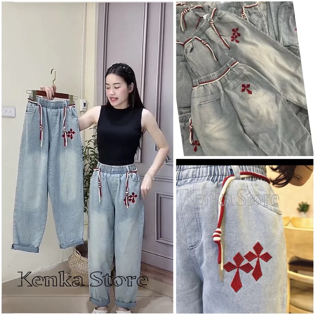 [Ảnh Thật] Quần Jean Baggy nữ lưng thun hoạ tiết thêu CHỮ THẬP siêu hot cho nữ , Bigsize