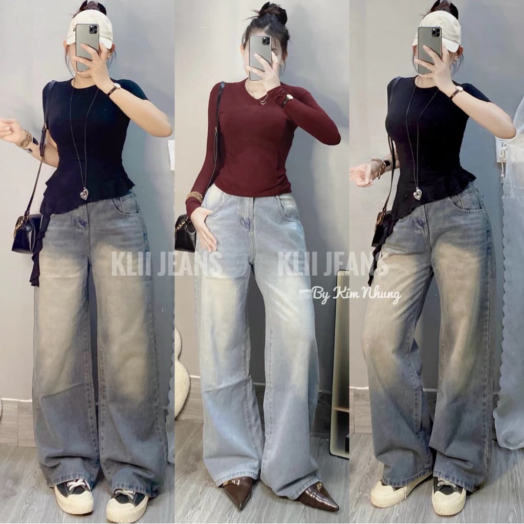 KLii🌷Quần suông jeans ống rộng bụi cá tính wash màu đẹp