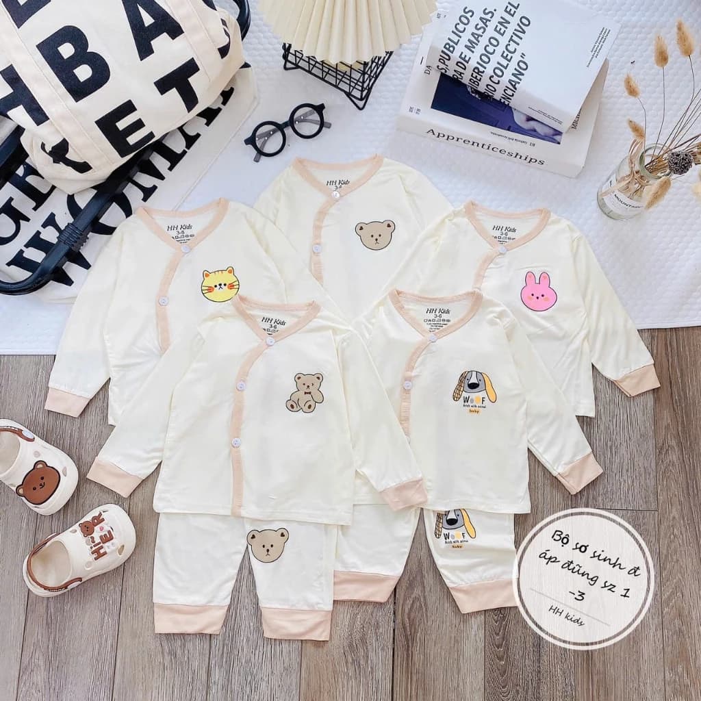 Combo 3-Combo 5 Bộ Dài Tay Sơ Sinh Chất Thun Peptit Mềm Mại In Hình Đáng Yêu Cho Bé Từ 0-9 Tháng