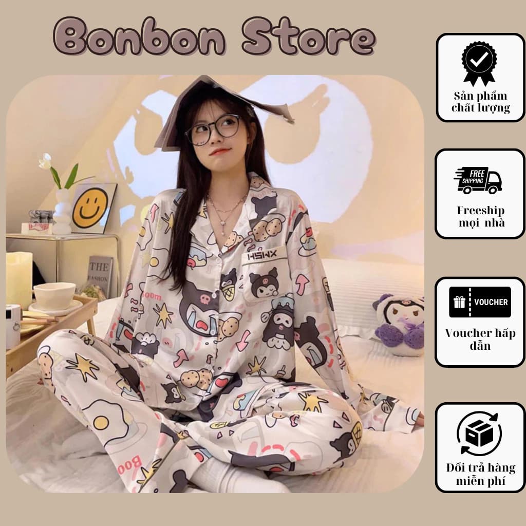 Set Đồ ngủ Nữ Lụa Kate Thái Hoạt Hình Dễ Thương Dài Tay Bonbon Store - Pijama Mặc Nhà Chất Mềm Mịn