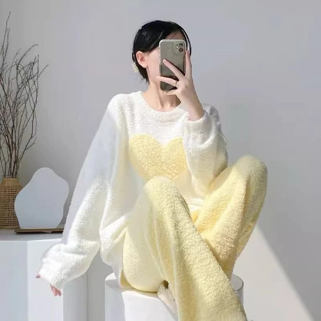 Bộ Đồ Ngủ Nữ Pijama Lông Xù Hình Trái Tim Dễ Thương, Đồ Mặc Nhà Mùa Đông Ấm Áp