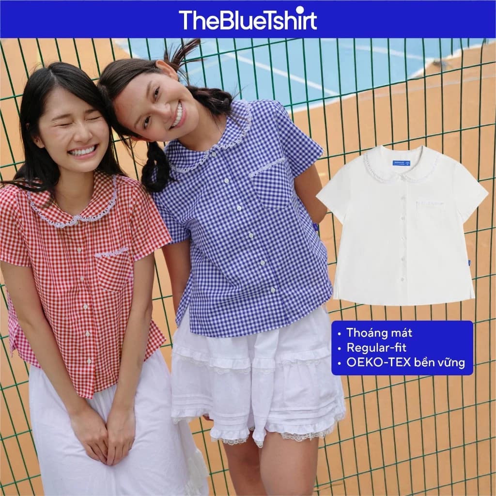 TheBlueTshirt - Áo sơ mi sọc caro cổ sen có viền ren ôm dáng nhẹ nữ tính - Ruby Jane Shirt