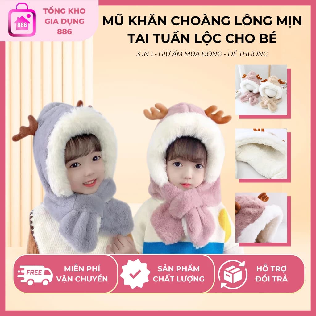 Mũ Khăn Choàng Tai Tuần Lộc Lông Mịn 3 Trong 1 Giữ Ấm Mùa Đông – Mũ Noel Cho Bé Trai Bé Gái