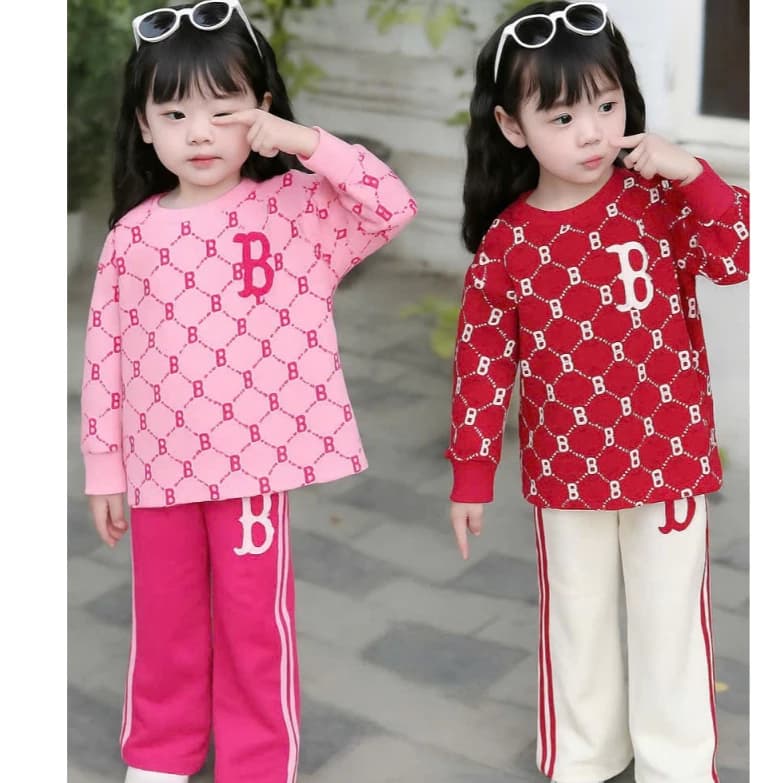 Sét Bộ Quần Áo Dài Tay Thu Đông  Chữ B In Tràn Viền Dành Cho Bé Gái 9-37kg Chất Liệu Cotton Su Co Dãn 4 Chiều