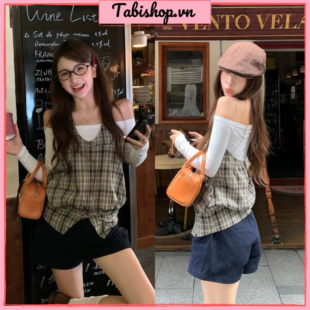Set áo dài tay trễ vai phối áo ghile yếm caro TABISHOP Set 2 áo nữ kiểu dáng dễ thương mặc thu đông đi dạo chơi(234)