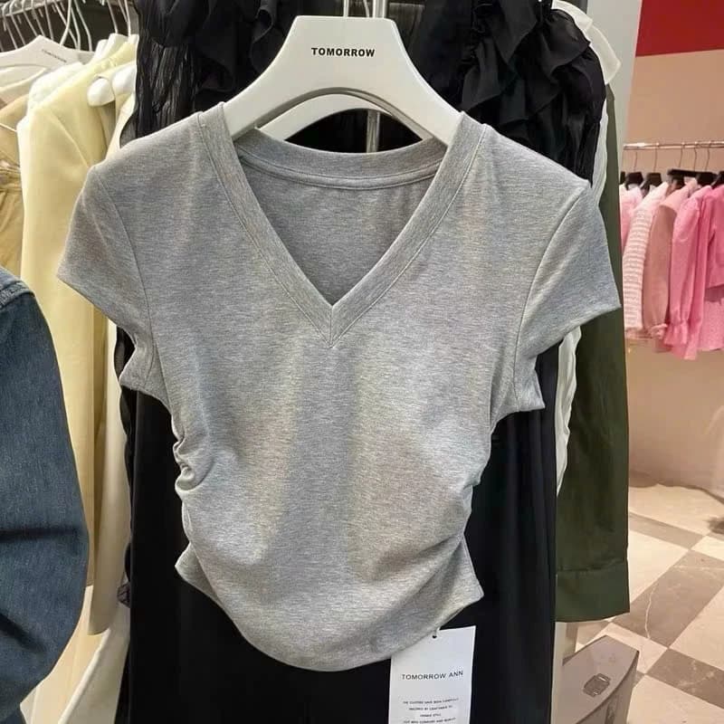 Áo thun nữ dáng croptop tôn dáng cổ chữ V xinh xắn 3 màu hot