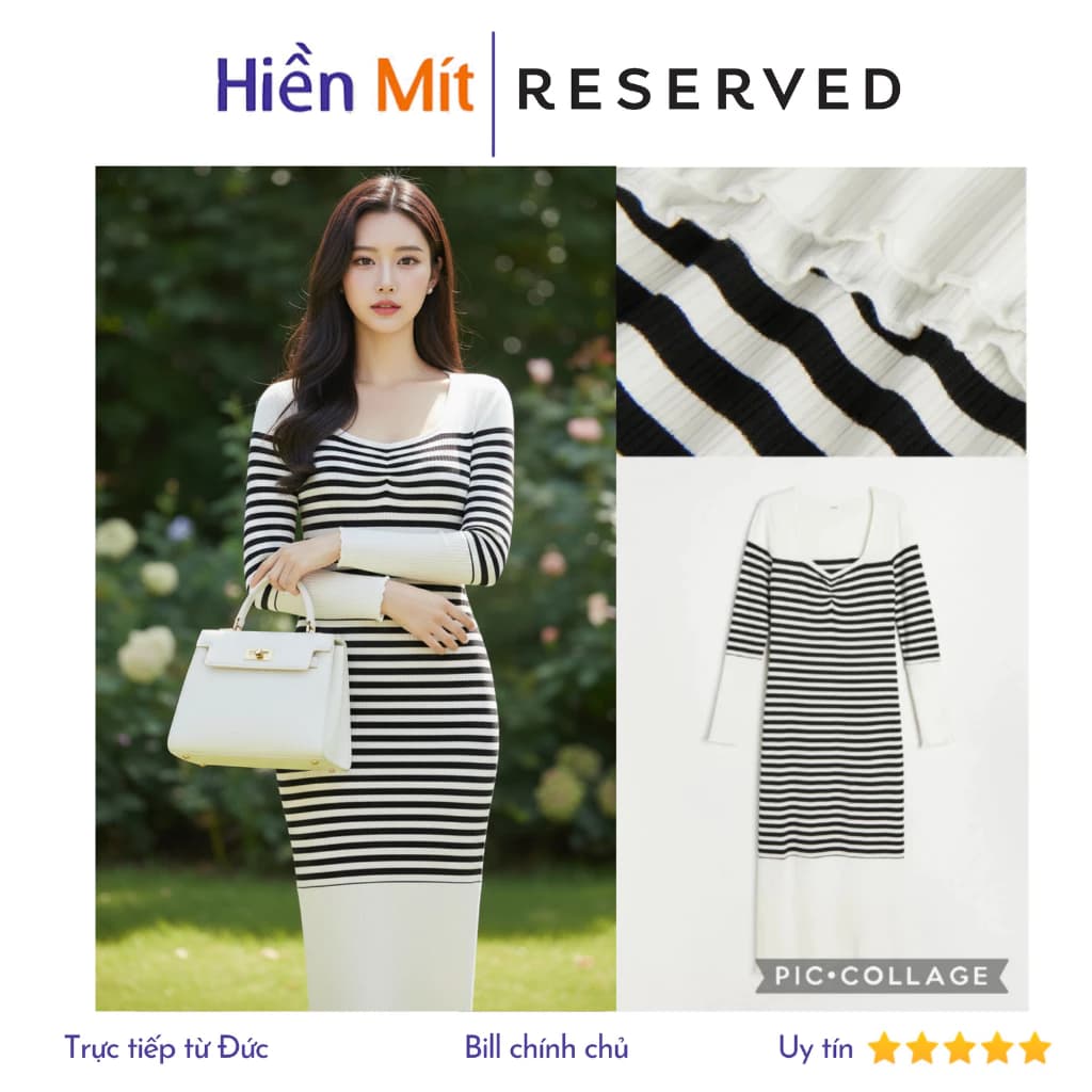 (Size XS, S) Reserved Đức - Đầm chính hãng auth new tag cao cấp có sẵn sale váy thun gân sọc 1870I-MLC tay dài trắng đen