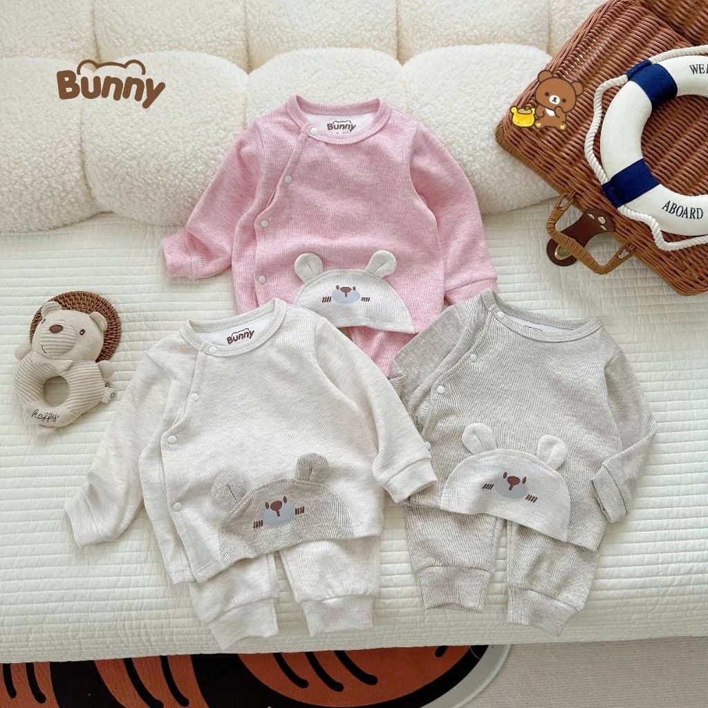 Bộ Dài Tay Nỉ Thu Đông Cài Lệch Bunny,Hinee Dày Dặn, Họa Tiết Hình Gấu Phong Cách HQ Cho Bé