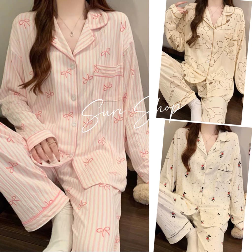 [Có sẵn] Bộ pyjama tay dài sọc loại đẹp cho cô gái ngọt ngào, phong cách Hàn Quốc, trang phục thường ngày dễ mặc