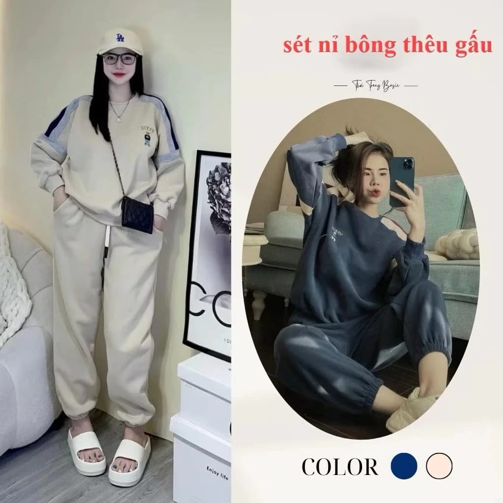 Set Bộ Đồ Nữ Thêu Gấu Chất Nỉ Bông Mềm Mại Dày Dặn, Bộ Đồ Nữ Áo Dài Tay Kèm Quần Bo Gấu Thể Th...