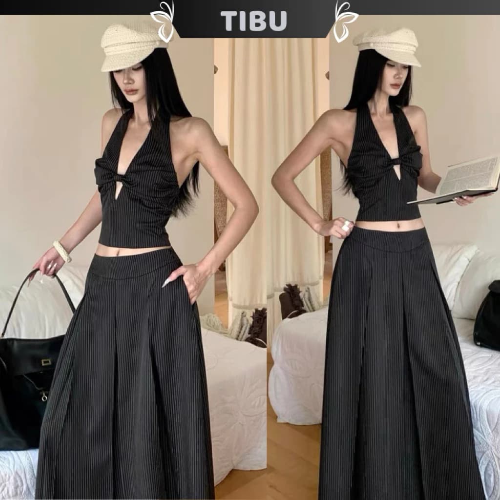 Set Áo Cổ Yếm Xoắn Ngực Phối Chân Váy Dài Kẻ Sọc TIBU Set Đồ Nữ Hở Lưng Thanh Lịch Đi Chơi Dạo Phố Đi Làm B607