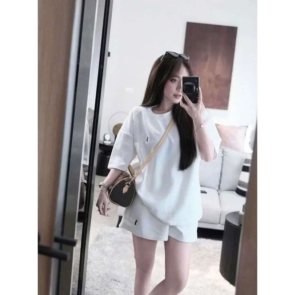 Sét bộ cotton mềm thêu logo ngựa cộc tay nữ ,bộ quần short đùi áo form rộng tay lỡ mix quần ống rộng mặc nhà ,đi chơi