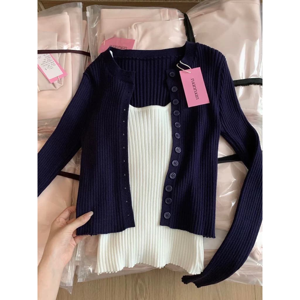 𝑶𝒏𝒊.𝑺𝒉𝒐𝒑_ [SẴN GIAO LUÔN] Set Len 2 Dây Trắng Phối Áo Cadigan Xanh Than Loại 1 Tôn Dáng Quyến Rũ