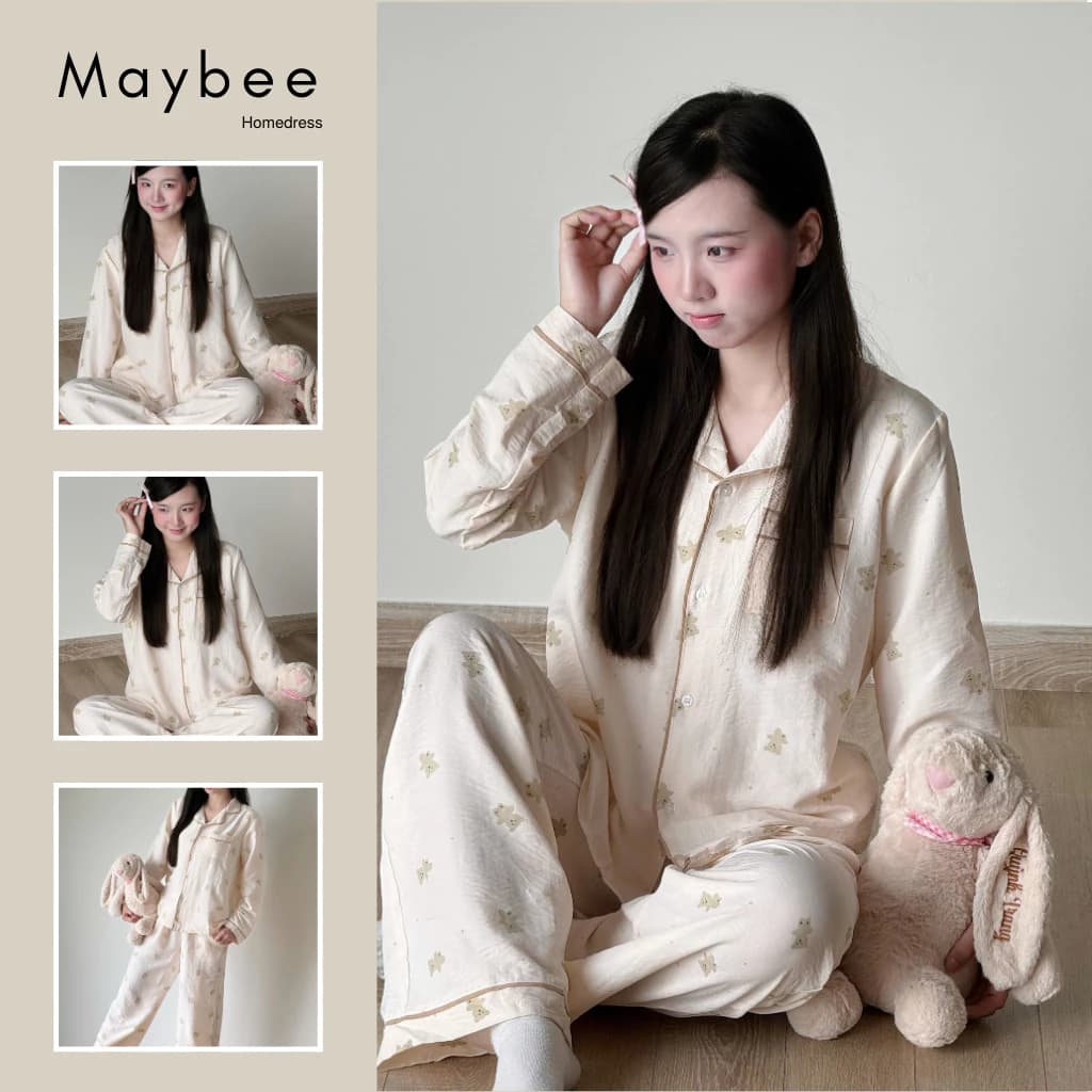 MB-SET-010 Maybee.Homedress Bộ Ngủ Dài Tay In Gấu Viền Né – Chất Đũi Mềm Mịn, Thanh Lịch, Thoải Mái
