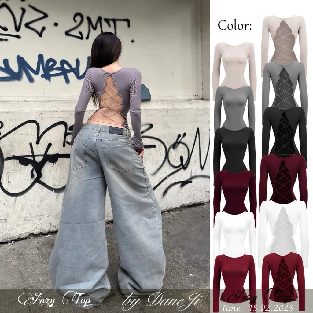[ 𝐀𝐍𝐙𝐘 𝐓𝐎𝐏 ] Áo thun croptop slimtop hở lưng DANEJI , đan dây sau , chất thun lạnh co dãn
